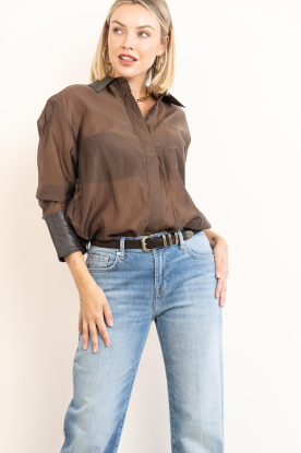 Co'Couture |  Mesh blouse with faux leather details Kawa| brown 