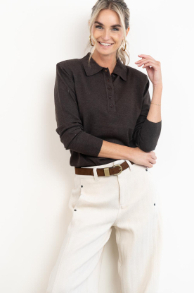 Co'Couture | Zachte longsleeve polo Cory | bruin 